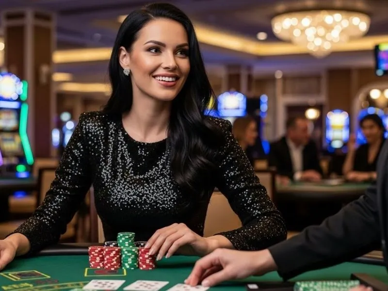 Lady smiling and showing casino chips on a poker table – Royal Ace Casino login experience