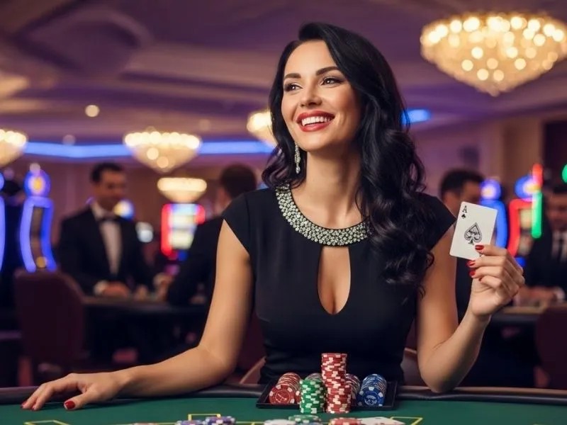 Royal Ace Casino login page with a smiling lady holding colorful casino chips