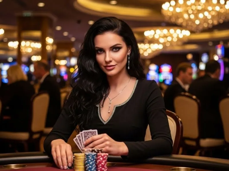 Woman leaning on a poker table with chips at the Royal Ace Casino