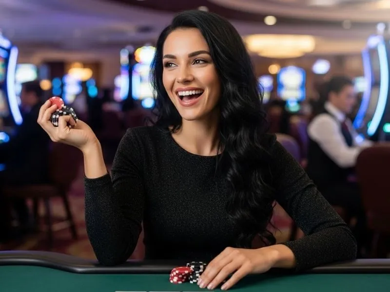 Woman happily smiling while holding poker chips at the smart789 casino login