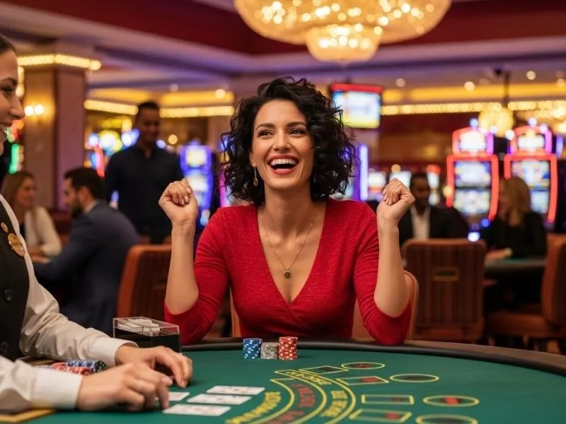 Happy woman cheering at poker table in the Sta Mesa Tropicana Casino