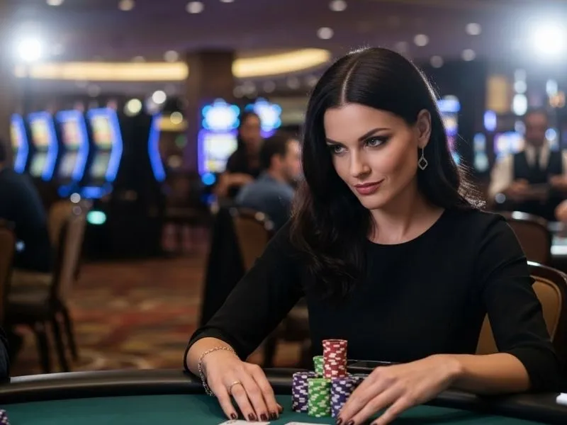 Woman placing poker bets at the Sta Mesa Tropicana Casino with colorful betting chips
