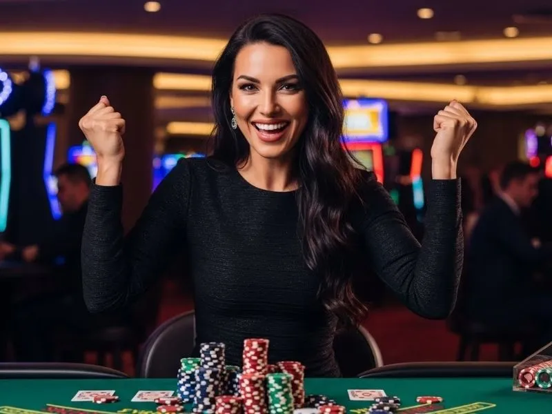 Woman smiling big with chips on poker table playing the Super Ace Deluxe