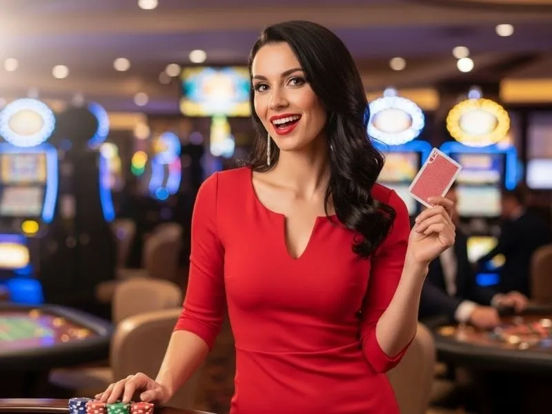 The Super Ace Free 100: Lady happily posing with chips on a poker table