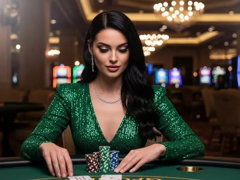 Super Ace Jackpot lady leaning on poker table with chips
