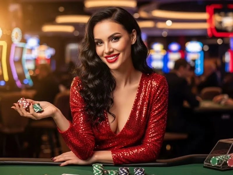 Super Ace Jackpot lady posing with casino chips, ready to win big at the table.