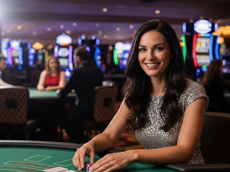 Smiling woman playing poker and hitting the super ace jackpot at the casino table