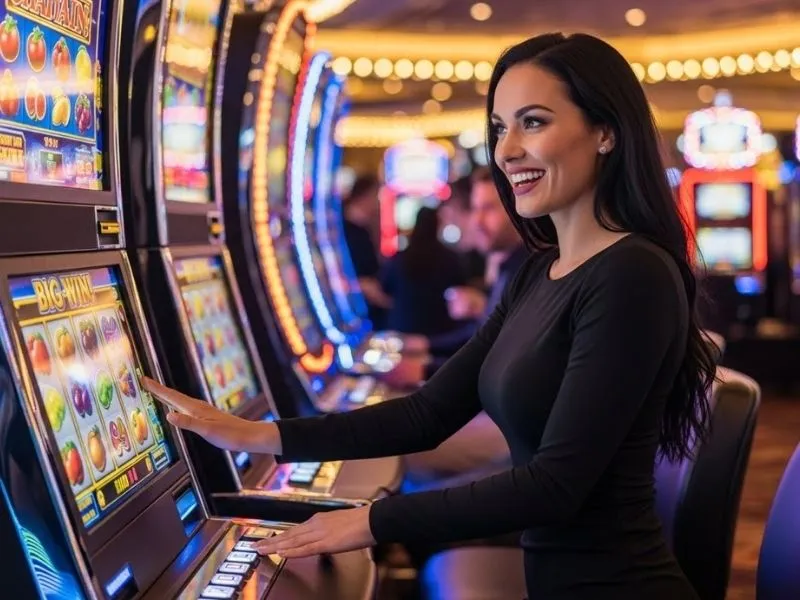 Smiling woman enjoying the Super Ace Jackpot slot machine