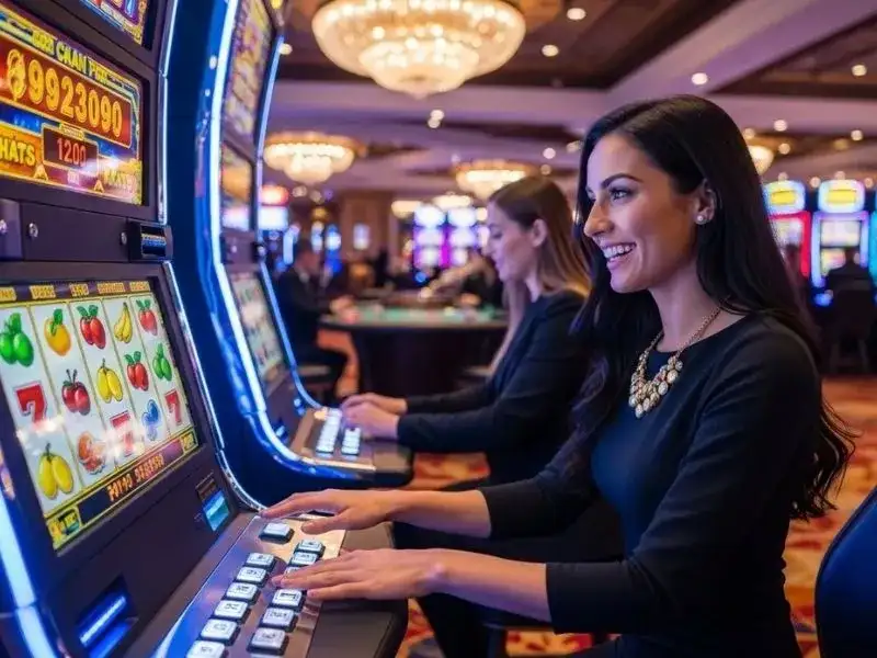 Joyful woman playing slot machines at The Grandz Casino, enjoying an exciting gaming experience