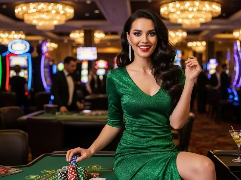 The Grandz Casino lady happily posing with chips on a poker table, enjoying a winning moment.