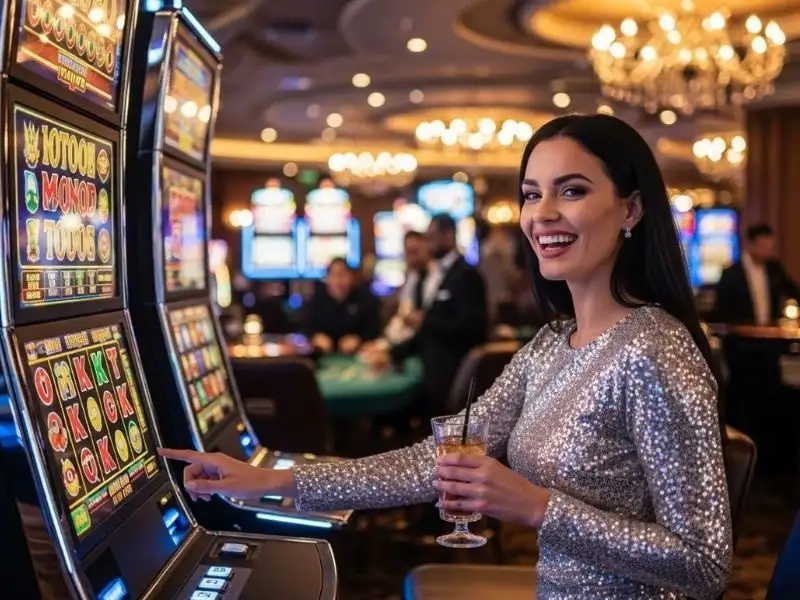 Excited woman celebrating a slot game win at Thunderbird Casino with bright casino lights and gaming machines