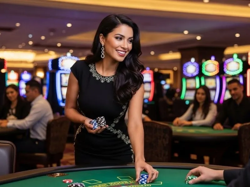 Smiling woman enjoying a table game while betting at Thunderbird Casino in a modern online casino environment