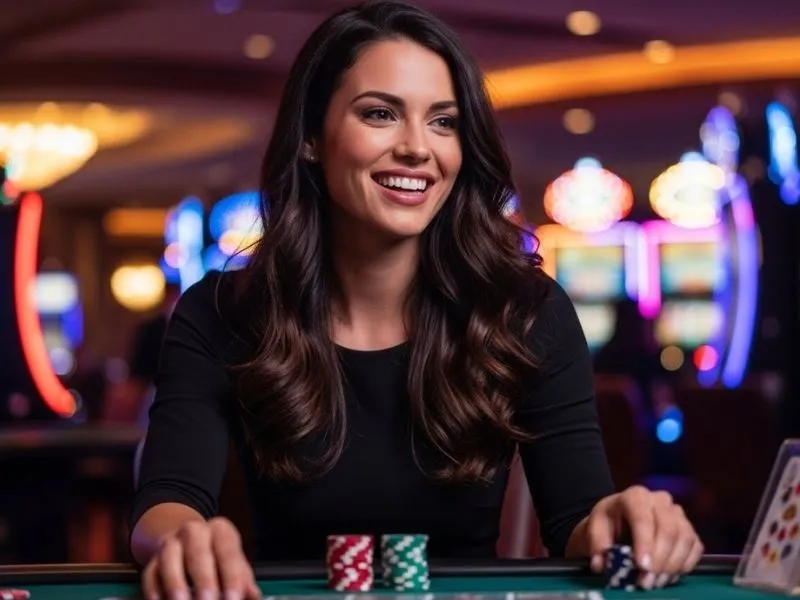 Smiling woman holding poker chips while playing at Thunderbird Casino online gaming platform