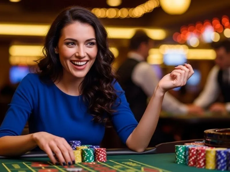 Woman happily smiling while sitting at a table with chips at the Win555.com casino.