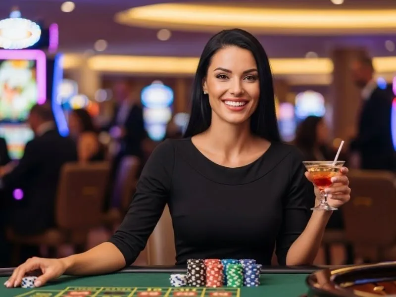 Woman happily smiling while holding colorful poker chips at the win555.com casino
