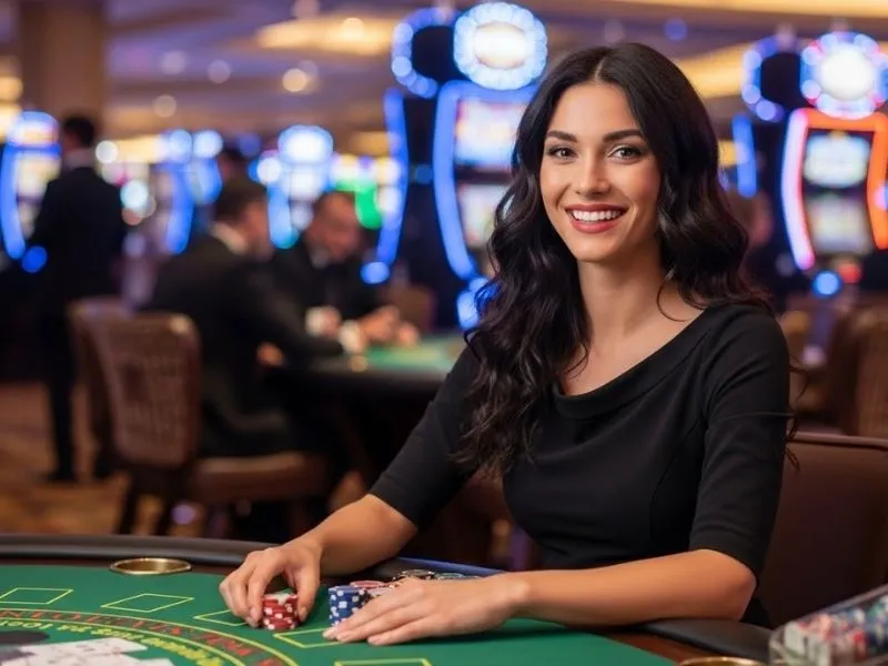 Smiling woman player enjoying the win555.com casino table game