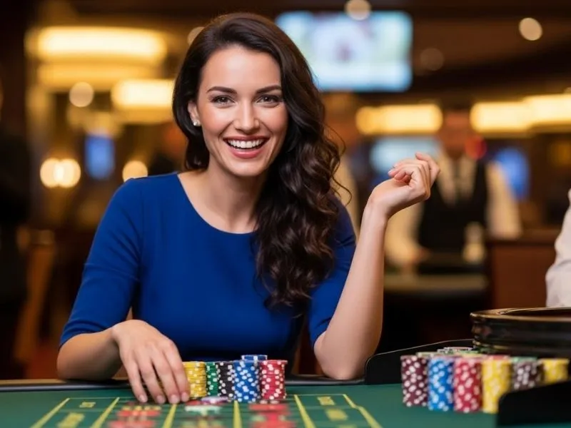 Winph com casino login: Lady smiling with chips stack on casino table