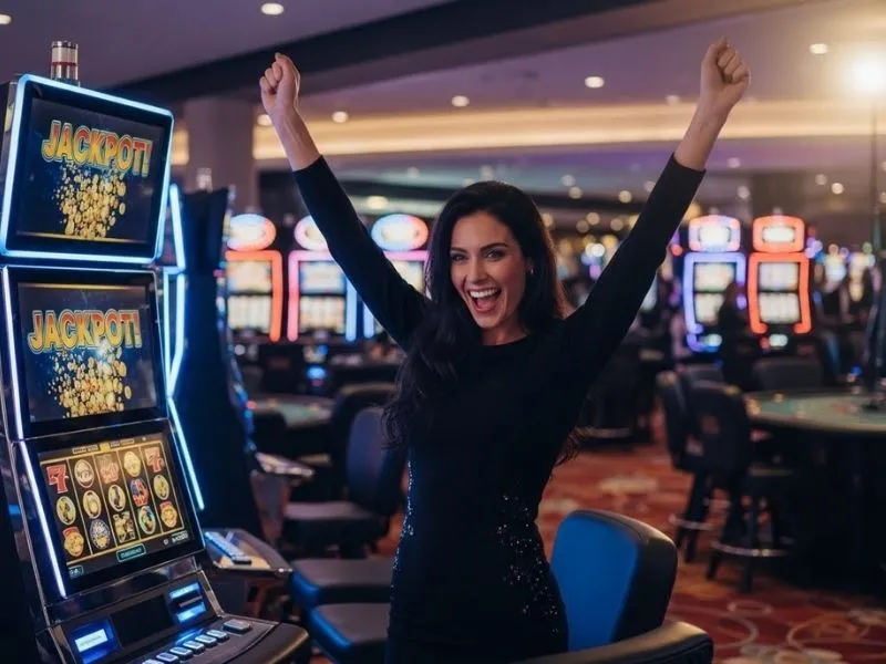 Happy woman playing slot machines at a casino, enjoying the excitement of winning via the winph com casino login.