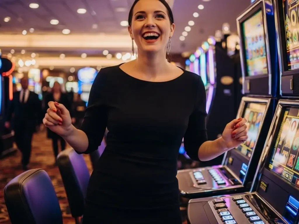 Happy woman enjoying her time inside 55x Casino, surrounded by vibrant gaming machines and lively atmosphere.
