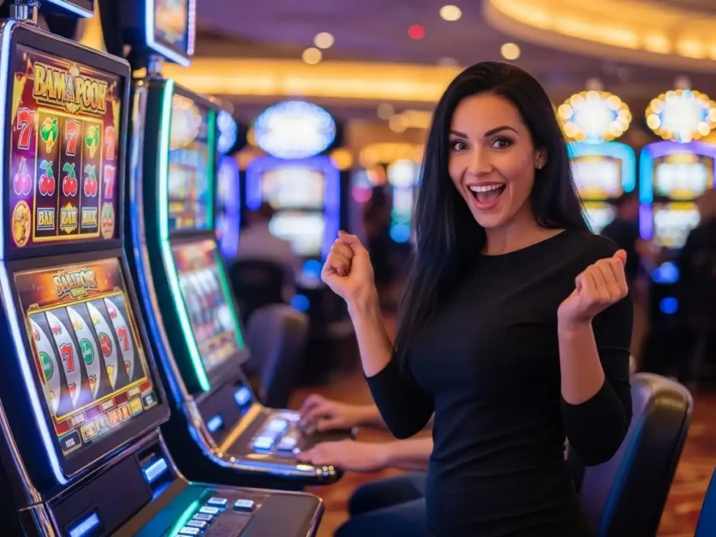 Happy woman enjoying a slot machine game at 55x casino