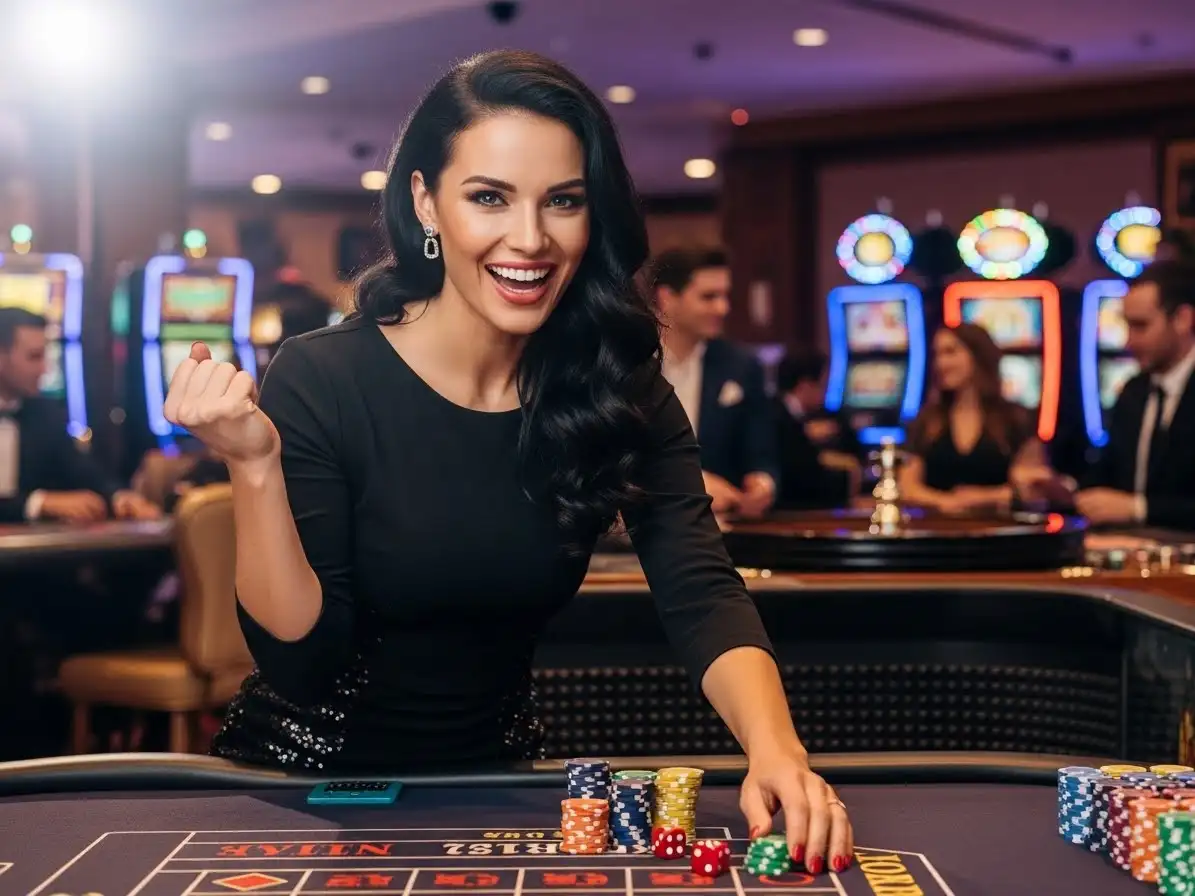 Happy woman enjoying table games at 55x Casino with excitement and big smiles