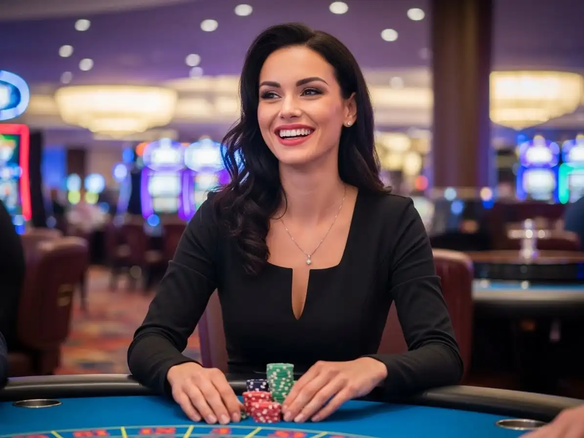 Happy woman celebrating a big poker win at 7s Casino