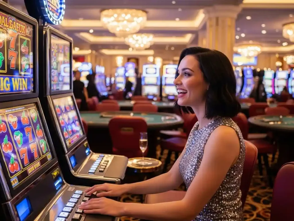 Happy woman winning on a slot machine at 7s Casino, enjoying her gaming experience.