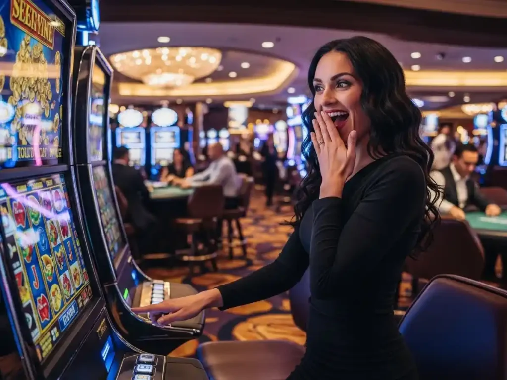 Happy woman winning on slot machines at 7s Casino, enjoying the thrilling online gaming experience.