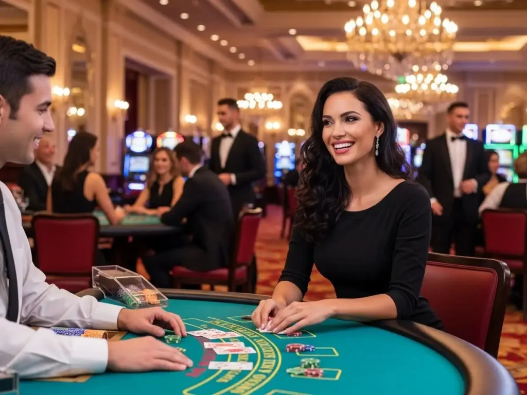 Happy woman enjoying table games at 7s Casino, winning and having fun in a lively casino atmosphere