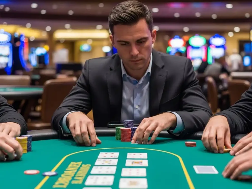 Focused poker player competing in Texas Hold’em at casino español with chips stacked on the table.