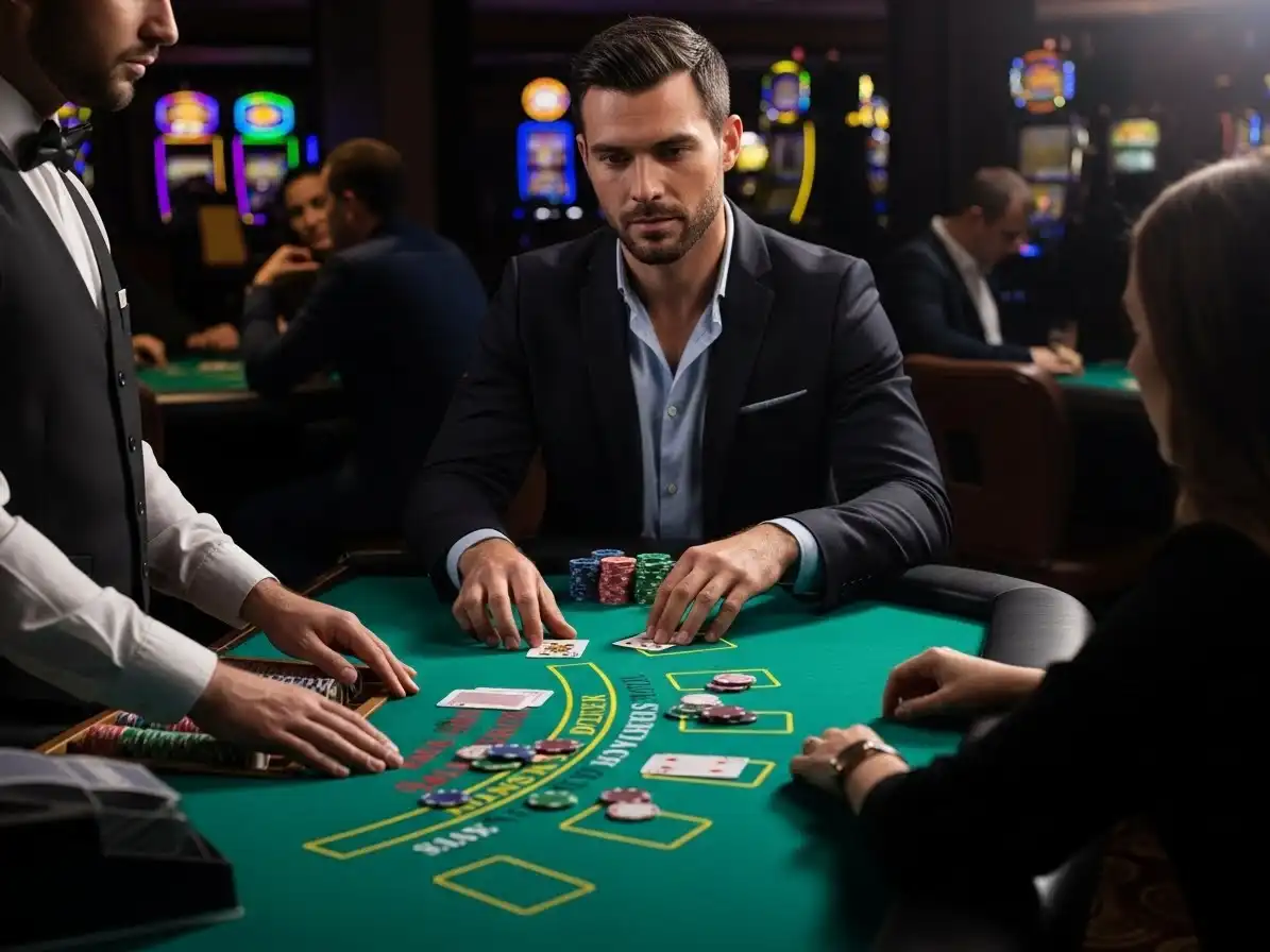 Person playing blackjack at swerte99-casino, holding cards and chips at a classic casino table.