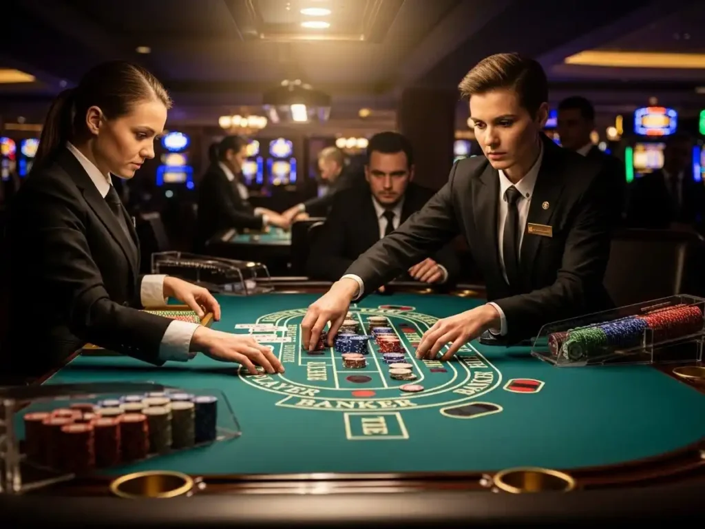 Player watching baccarat cards revealed at z25-casino-login, surrounded by a vibrant casino setting.
