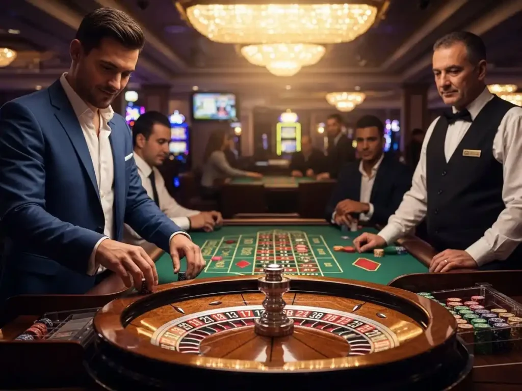 Casino guest placing chips on a roulette table at majestic casino during an intense game round.