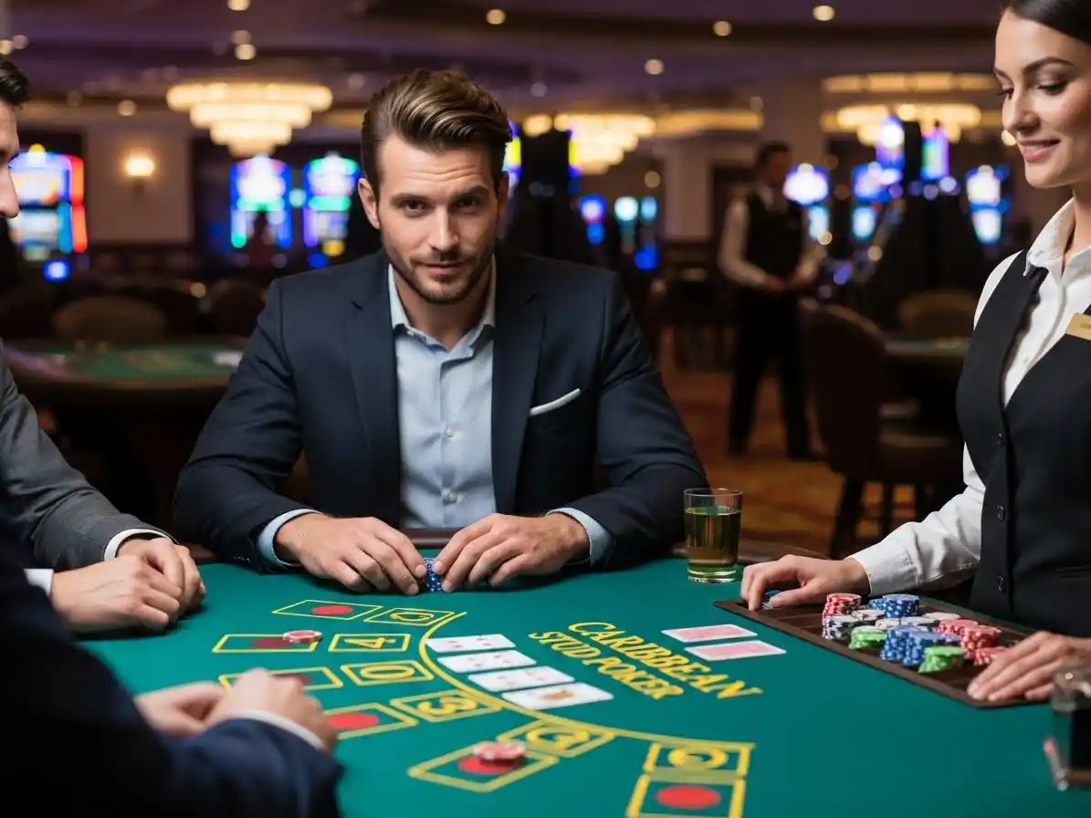 Excited guest placing bets on a Caribbean Stud Poker table at casino espanol cebu.