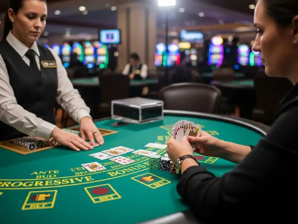 Focused poker player stacking chips during a Caribbean Stud Poker game at casino espanol cebu.