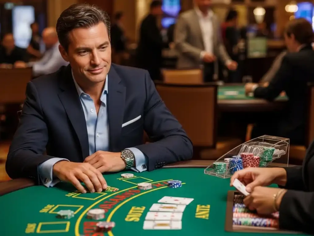 Person playing Caribbean Stud Poker at casino espanol cebu, holding cards and placing chips on the table.