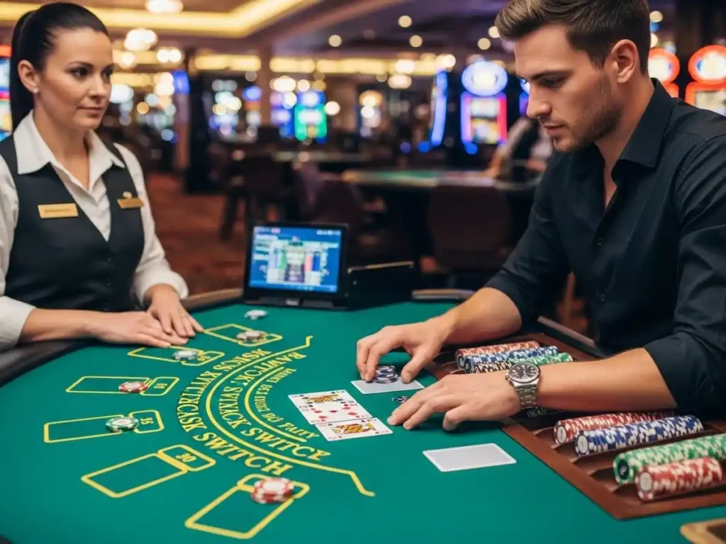 Blackjack switch player switching cards confidently at 55x.com casino table.
