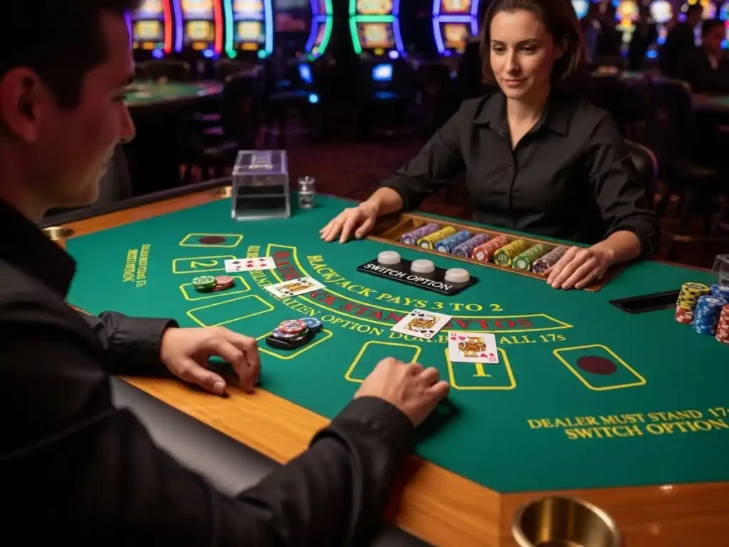 Casino guest placing chips during a blackjack switch game at 55x.com casino.
