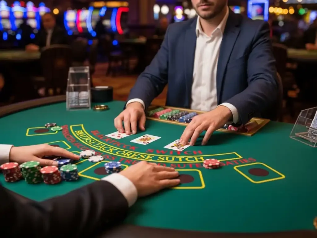 Person playing blackjack switch at 55x.com casino, managing two hands and placing chips on the table.
