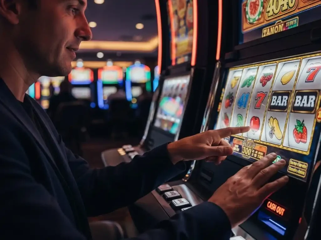 Happy casino player celebrating a slot machine win at cebu-casino gaming floor.