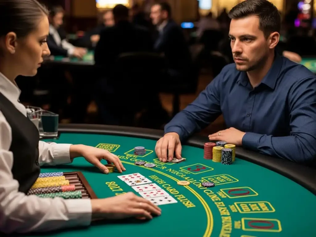 Excited player revealing cards during a high card flush game at gba-333-casino.