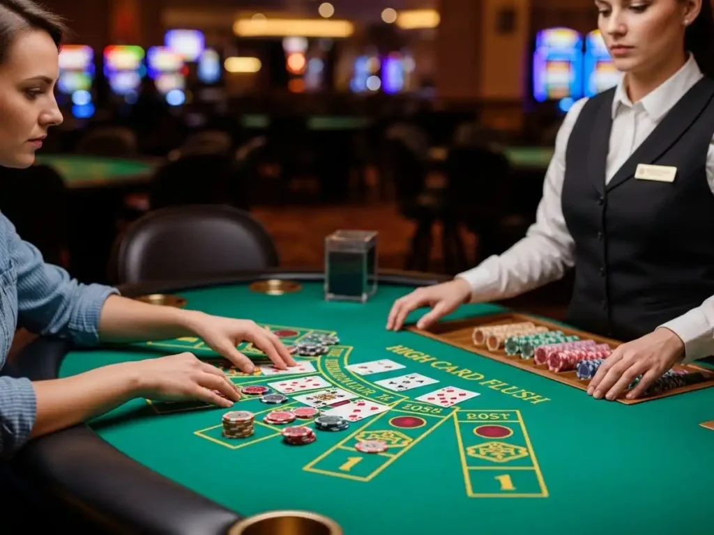 Casino player placing chips while playing high card flush at gba-333-casino table.