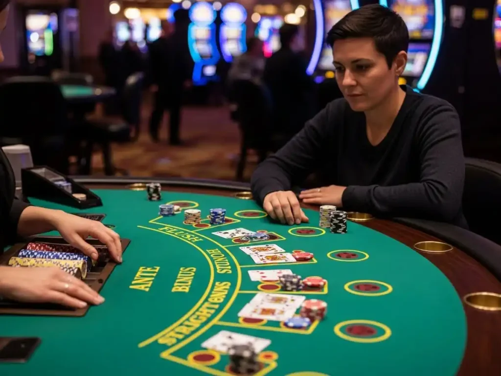 Focused casino player enjoying high card flush gameplay at gba-333-casino with cards revealed on the table.