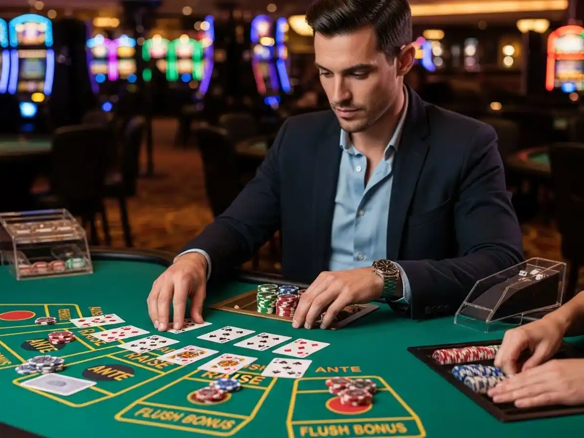 Person playing high card flush game at gba-333-casino, holding cards and chips at a casino table.