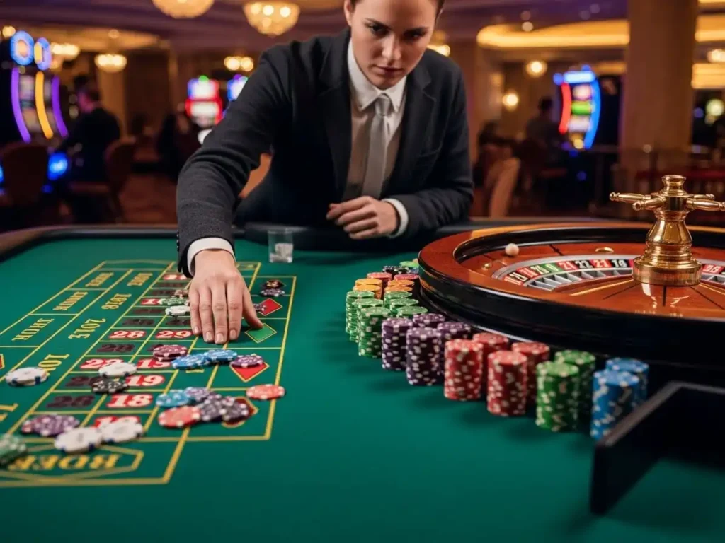 Focused casino player enjoying roulette gameplay at majestic casino with chips and wheel in motion.