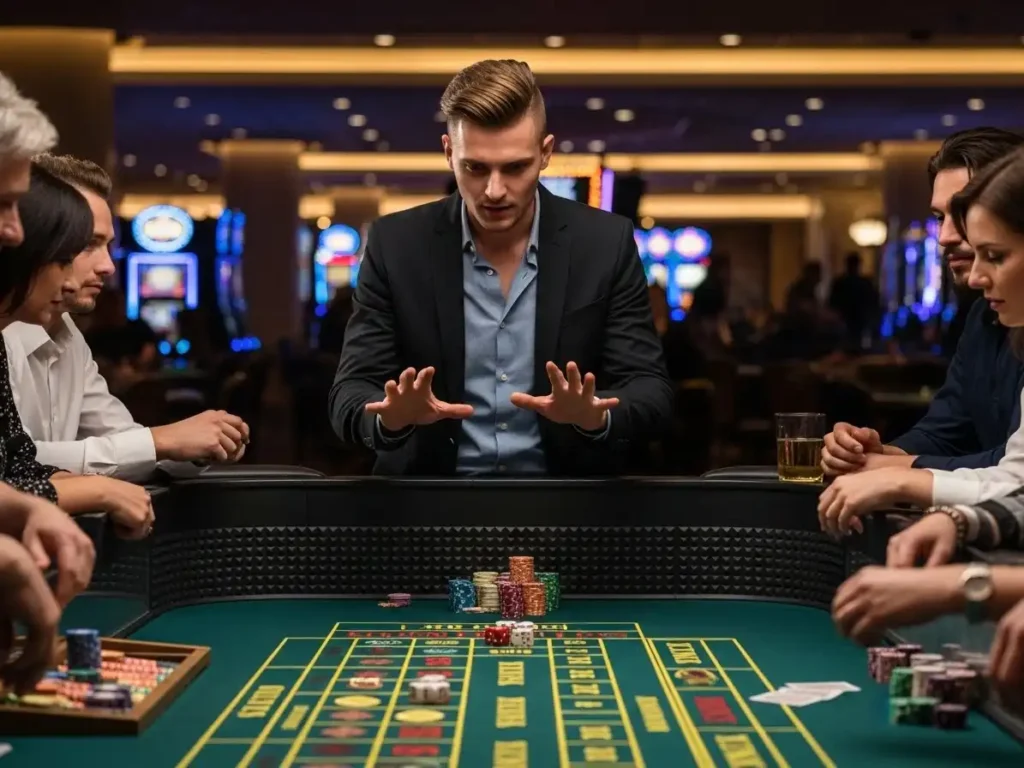 Excited casino player rolling dice during a craps game at jl3-casino.