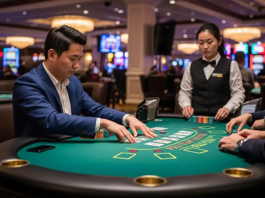 Poker enthusiast placing cards on the table while playing Pai Gow Poker at jl7-casino.
