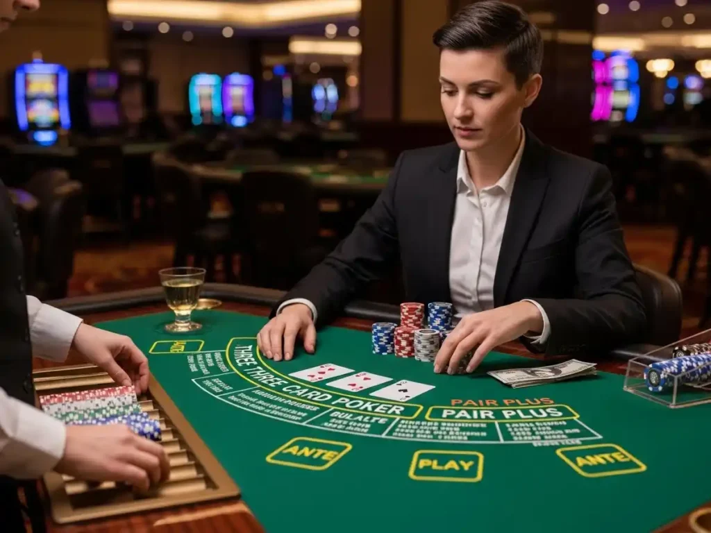 Player reviewing hand during a Three Card Poker round at manny-pacquiao-apps-casino.