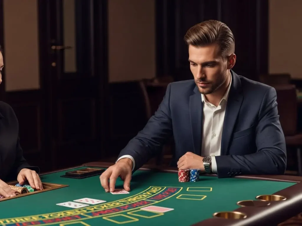 Casino guest placing chips while playing Three Card Poker at manny-pacquiao-apps-casino.
