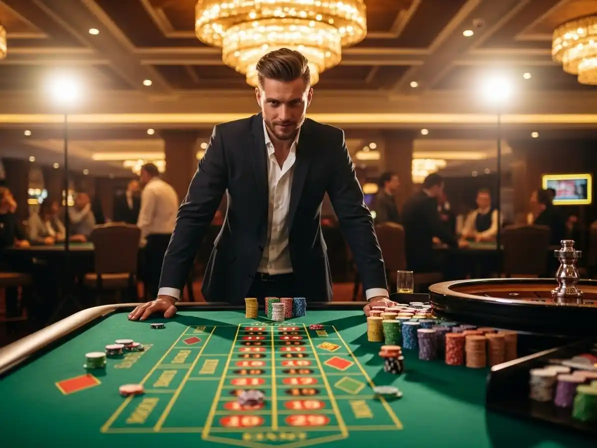 Person playing roulette at majestic casino, placing bets on the spinning roulette wheel in a lively gaming environment.